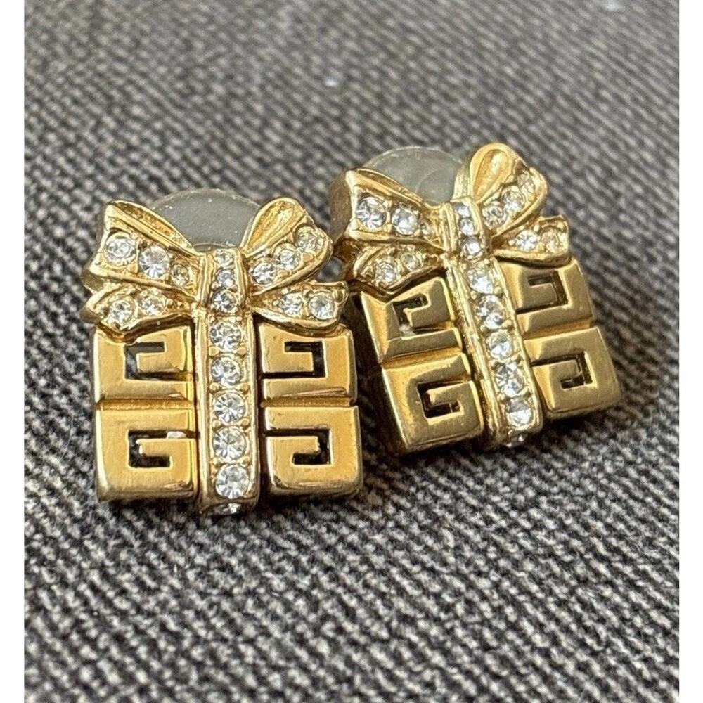 Vtg Givenchy G Logo Gift Box Earrings Rhinestone Bow Gold Tone Signed - Picture 5 of 12